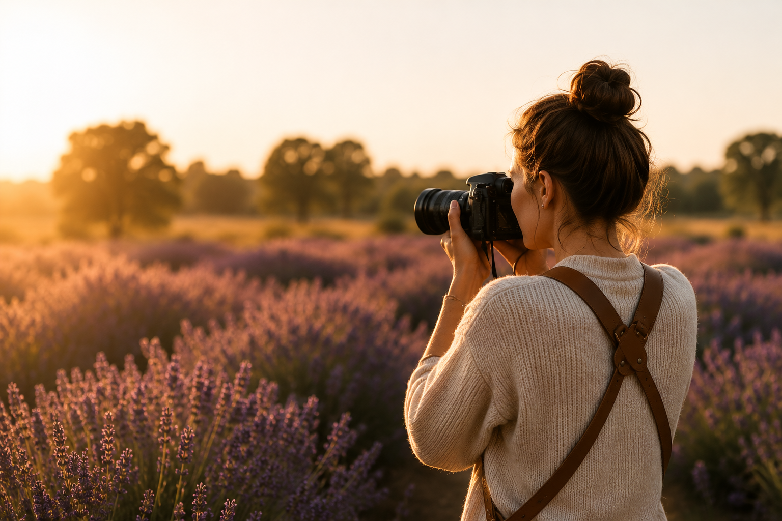 Héloïse photographie dans un champ de lilas
