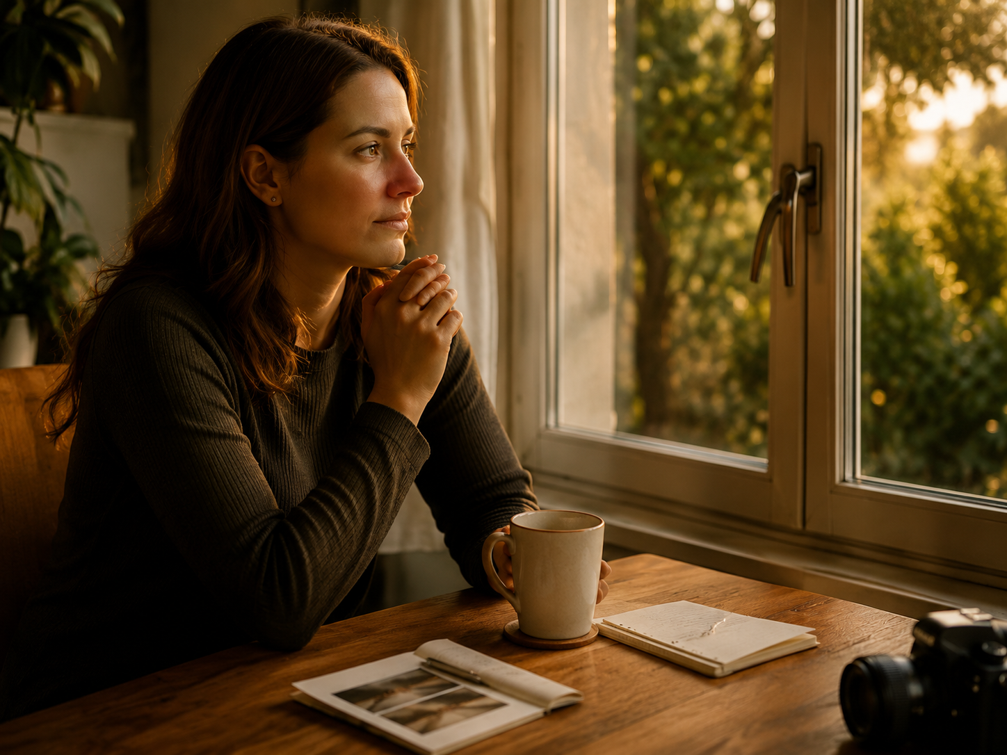Héloïse à la fenêtre avec son café