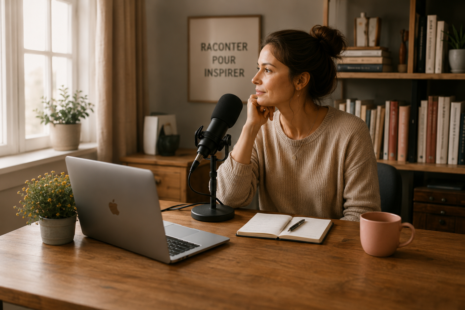 Louisa devant son micro de podcast
