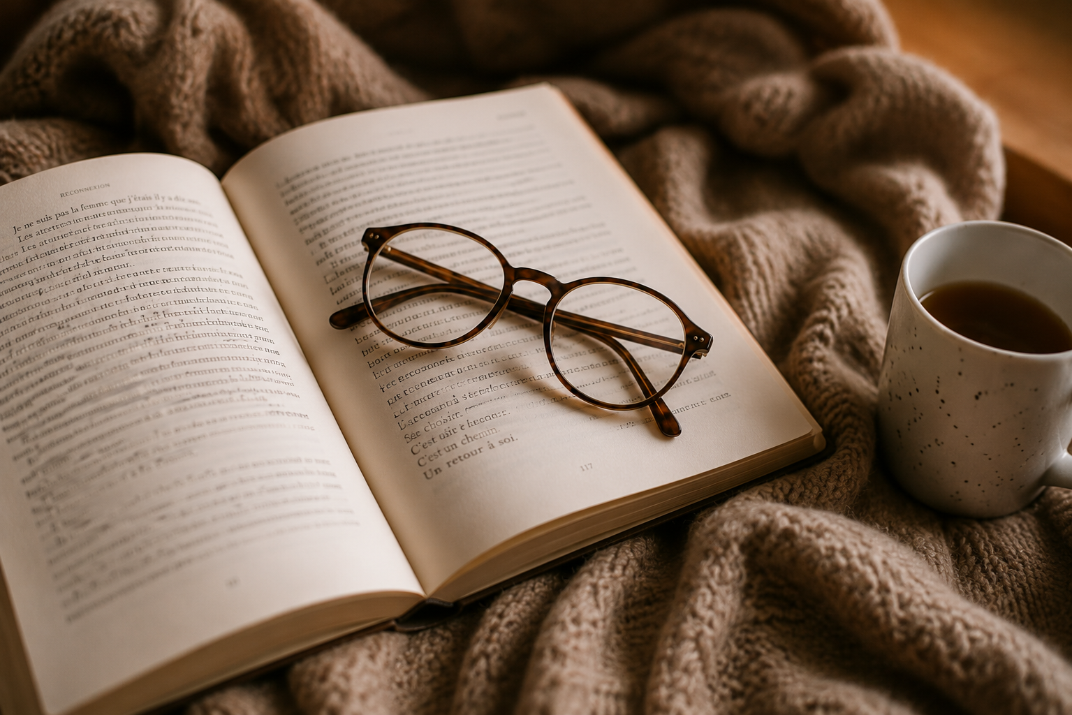 Livre ouvert avec lunettes et tasse de café