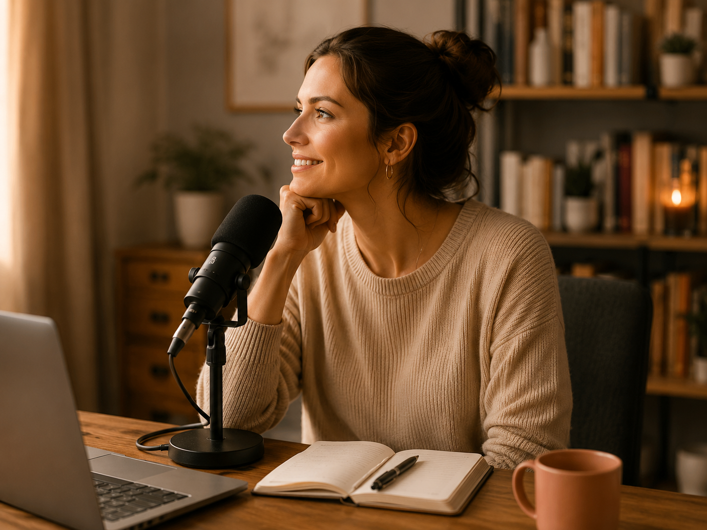 Louisa parle au micro de son podcast