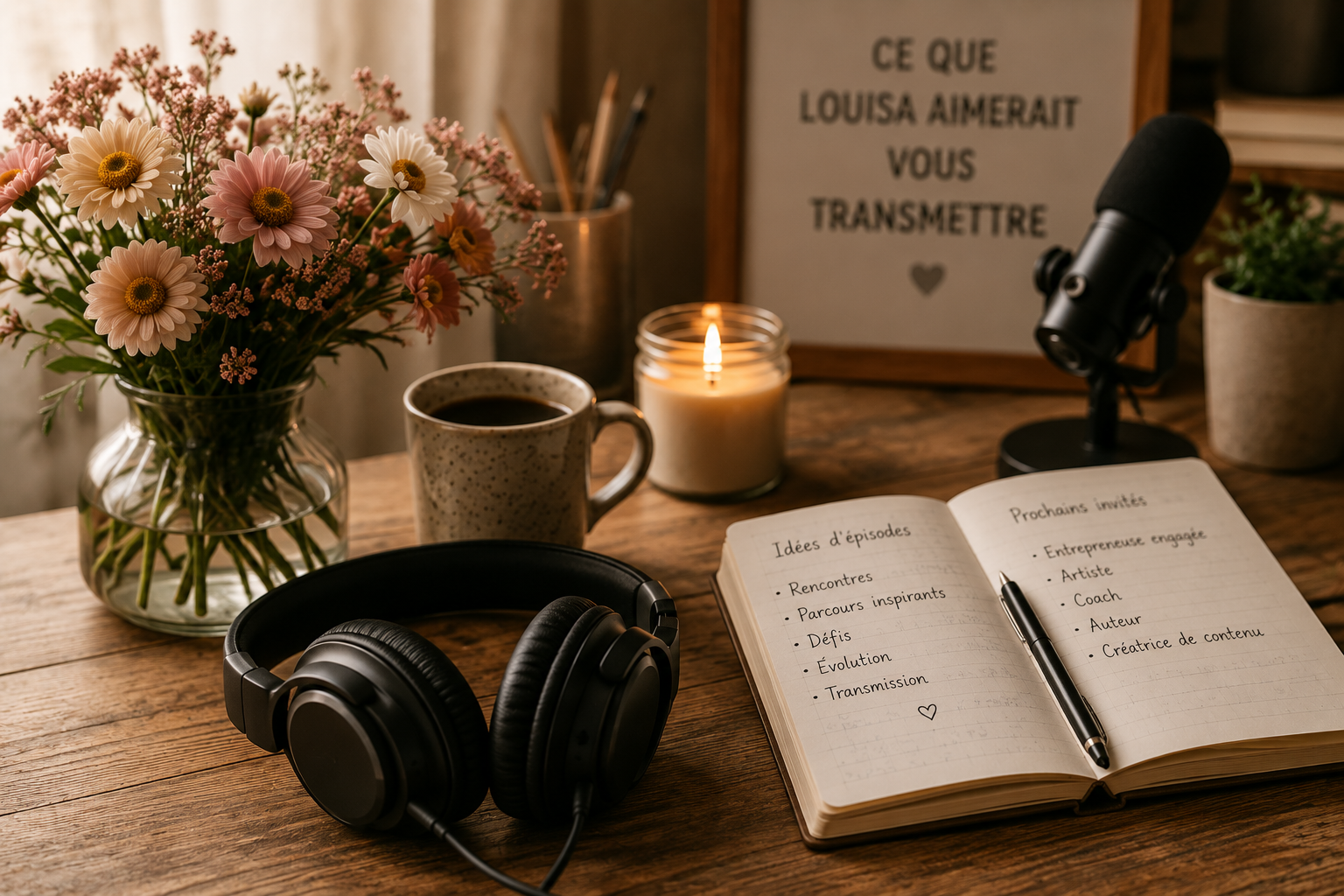 Casque audio, fleurs, carnet et ambiance podcast