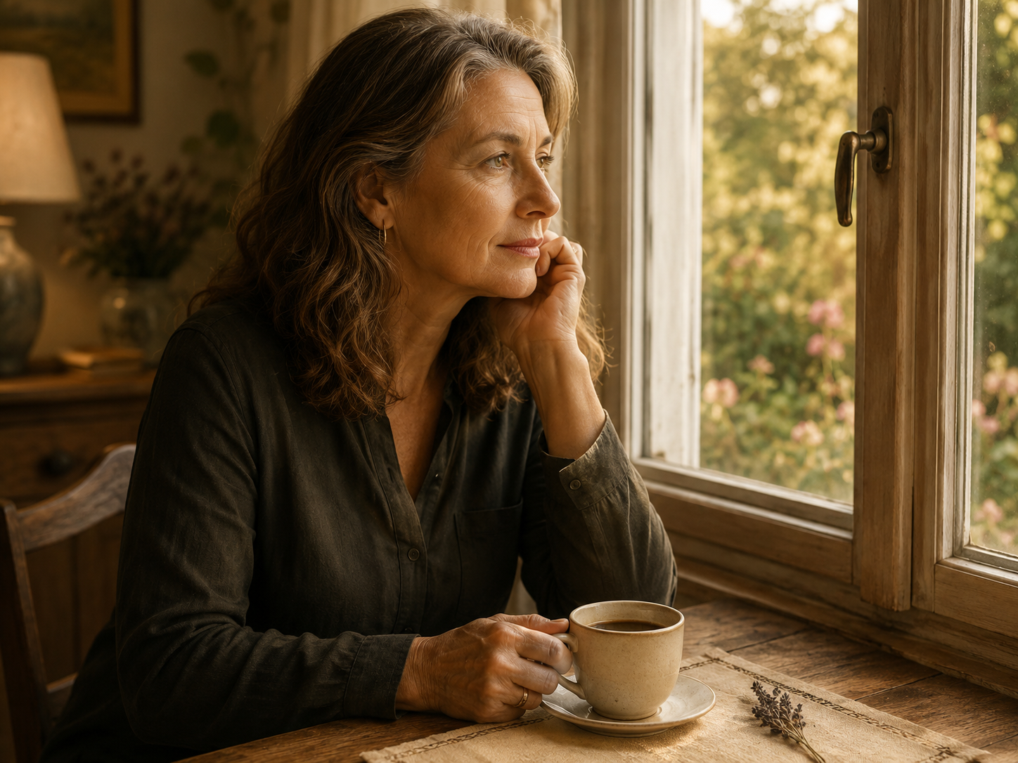 Garance près d’une fenêtre avec son café