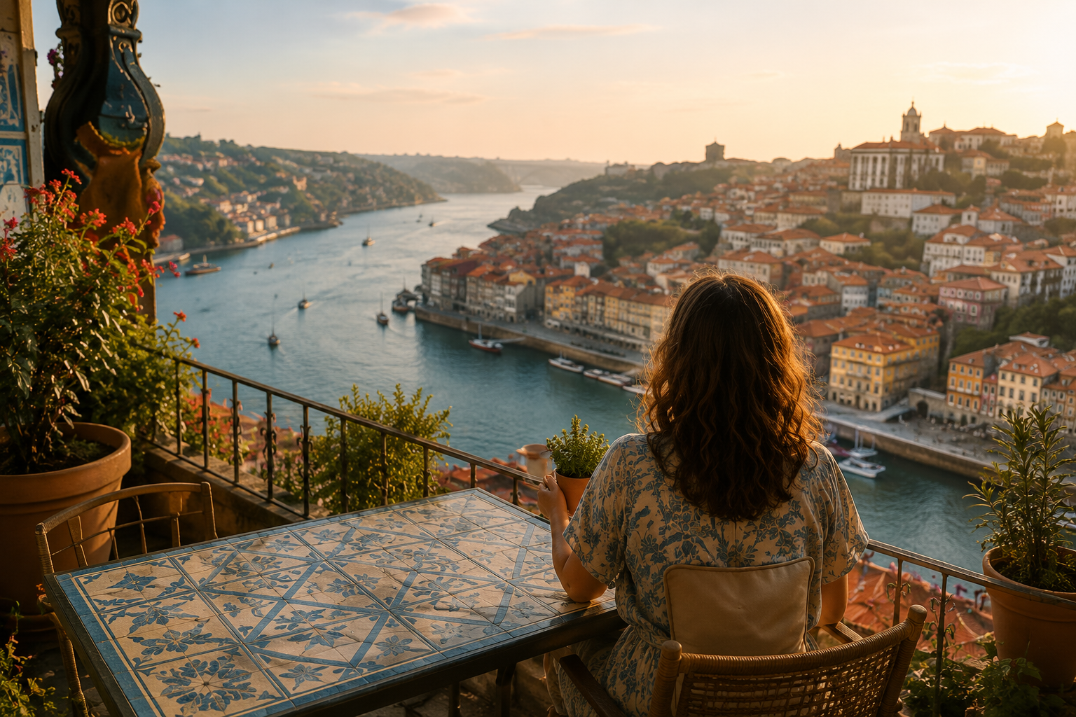 Sandrine face à Porto avec un café