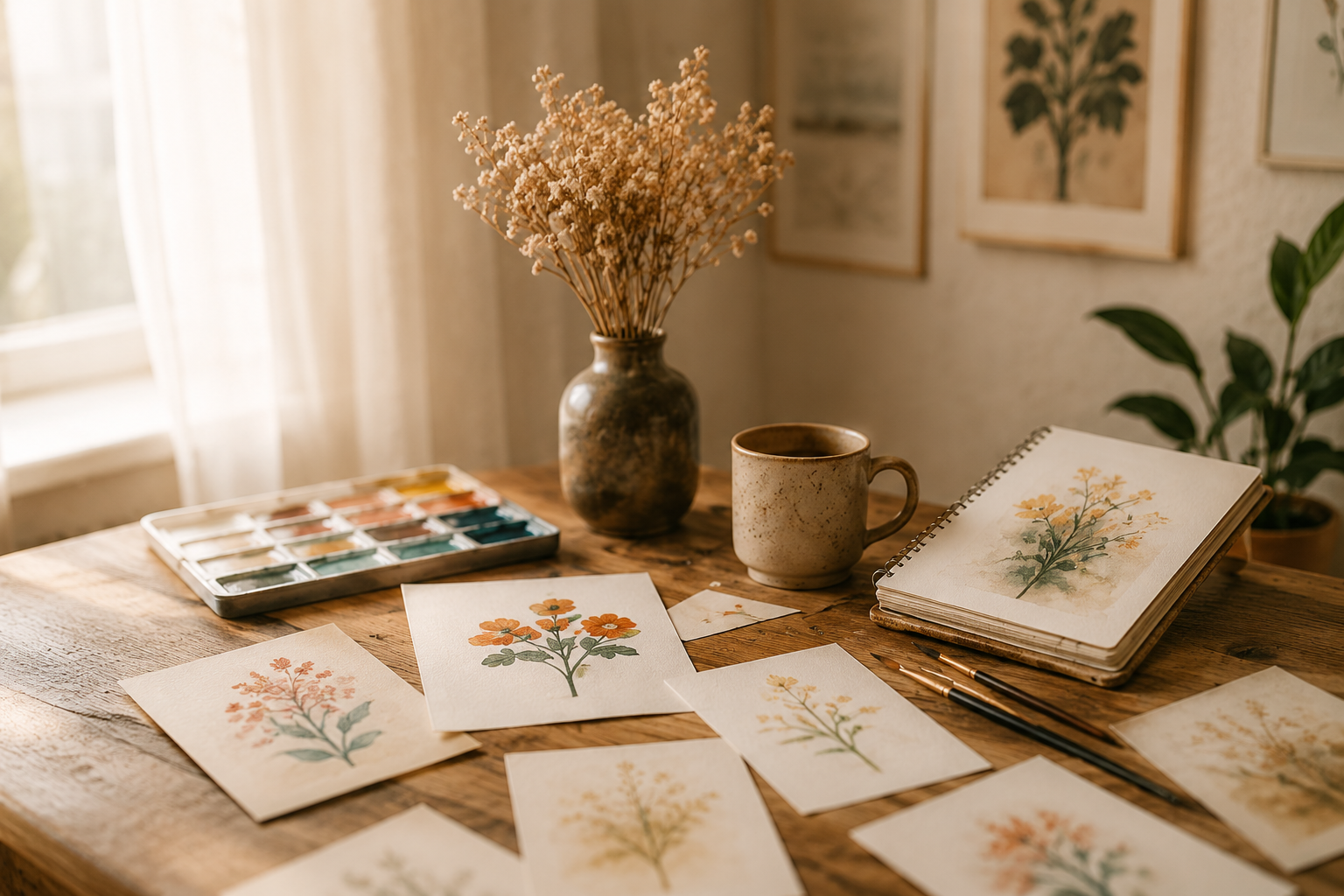 Dessins, aquarelles et carnets sur un bureau